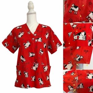 Expo Uniform Red Cow Print Nursing Medical Scrub Top Women's Small